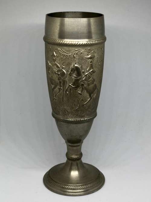 2 Pewter Champagne Flutes with Hunting Motif