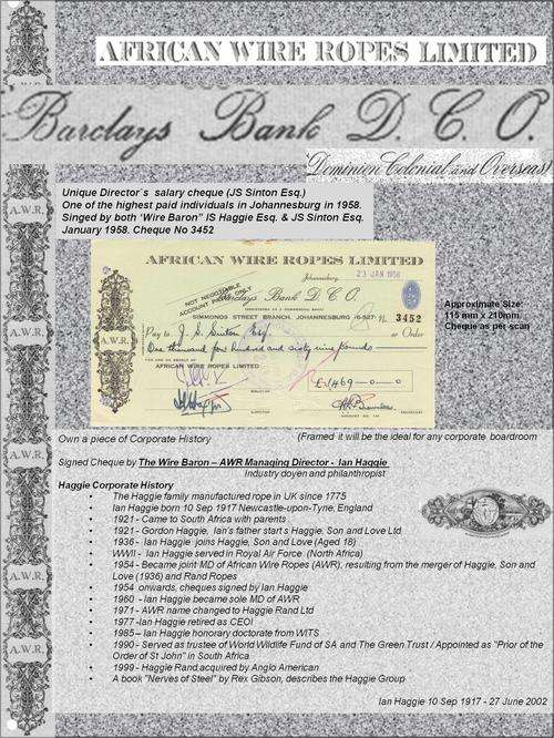 1958 Barclays Bank DAO -Vintage salary cheque Singed by "Wire Baron" IS Haggie Esq.