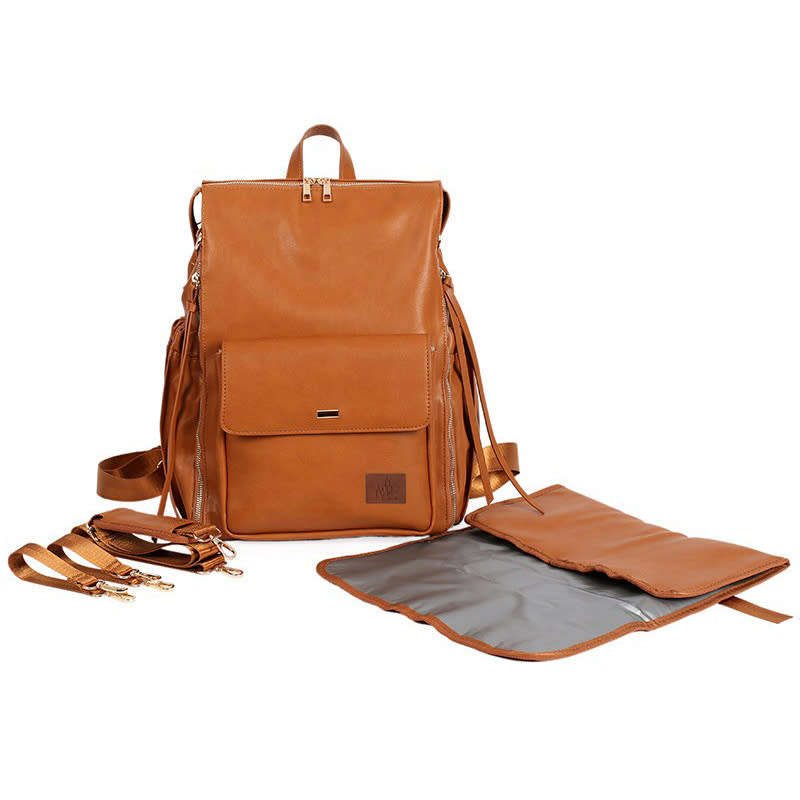 Vegan Leather Nappy Diaper Backpack with accessories - Brown