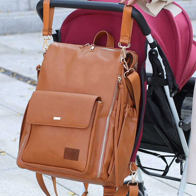 Vegan Leather Nappy Diaper Backpack with accessories - Brown