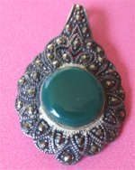 Solid Sterling Silver, Marcasite  and Green Agate  Pendant