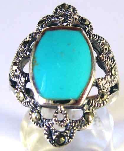 925 Sterling Silver Turquoise and Marcasite Ring.