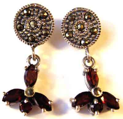 Sterling Silver, Marcasite  and Genuine Garnets Earrings