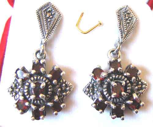 Sterling Silver. Marcasite & Genuine Garnets Earrings