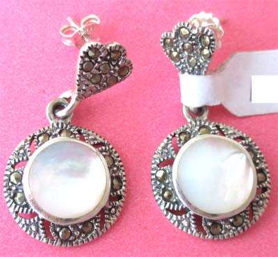 Sterling Silver, Marcasite  and Genuine MOP Earrings