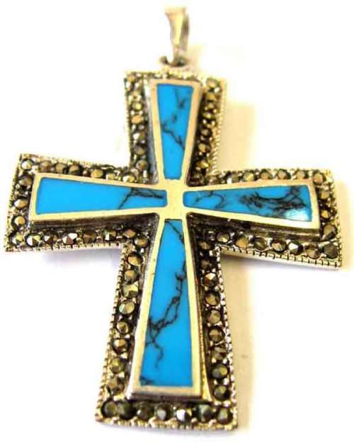 925 Sterling Silver , Marcasite and  Turquoise Cross/Pendant