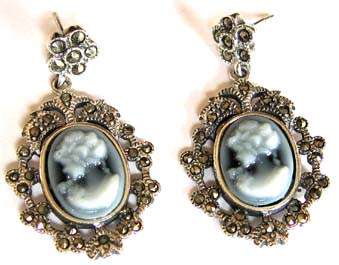 Big & Beautiful Sterling Silver Marcasite and Cameo Earrings