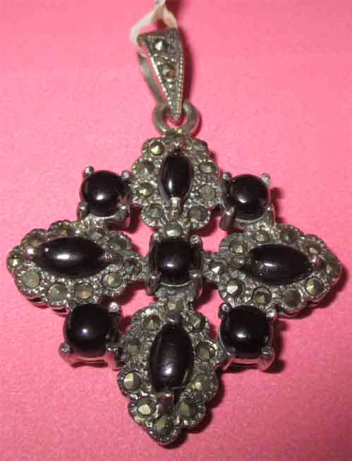 Big and Beautiful 925  Sterling Silver Marcasite and Black Onyx Pendant