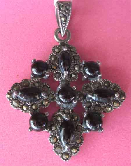 Big and Beautiful 925  Sterling Silver Marcasite and Black Onyx Pendant