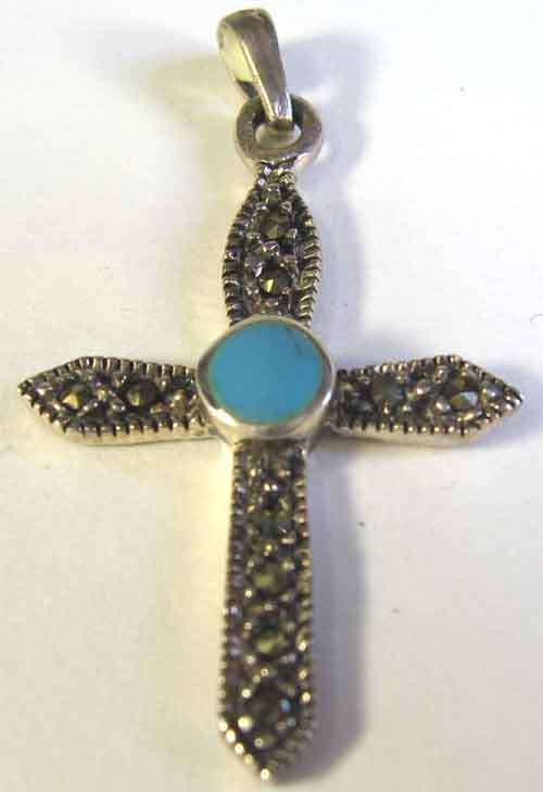 Sterling Silver Turquoise & Marcasite  Pendant/ cross
