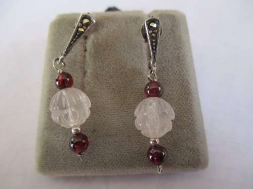 Sterling Silver Marcasite & Genuine Garnets and Pink Quartz Earrings