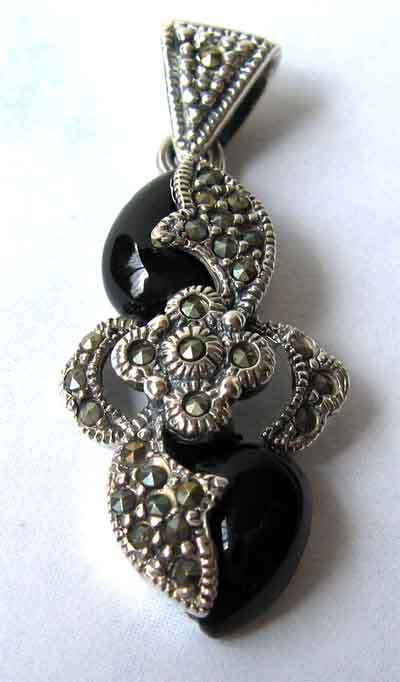 925 Sterling Silver Marcasite and Black Onyx  Pendant