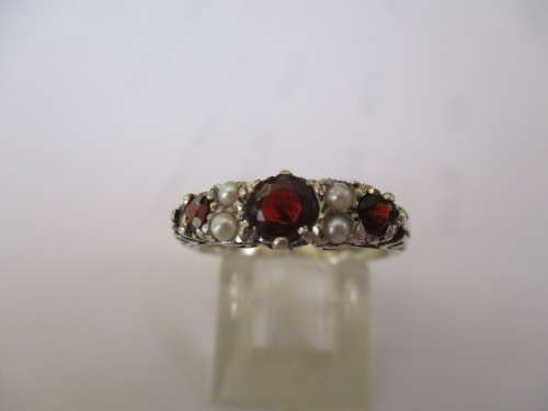 Sterling Silver , Garnets  and Seed pearls Antiq style Ring
