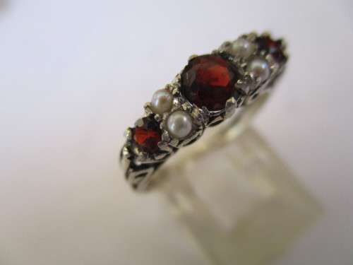 Sterling Silver , Garnets  and Seed pearls Antiq style Ring