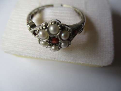 Sterling Silver Garnets and Seed Pearls  Ring