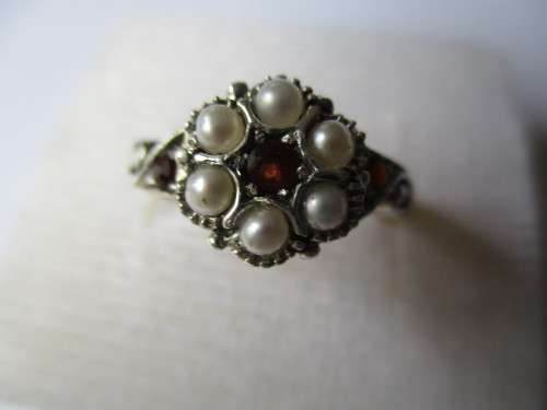 Sterling Silver Garnets and Seed Pearls  Ring