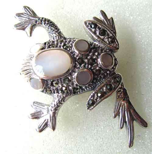 925  Sterling Silver, M. O. P   and Marcasite ` Frog ` Brooch