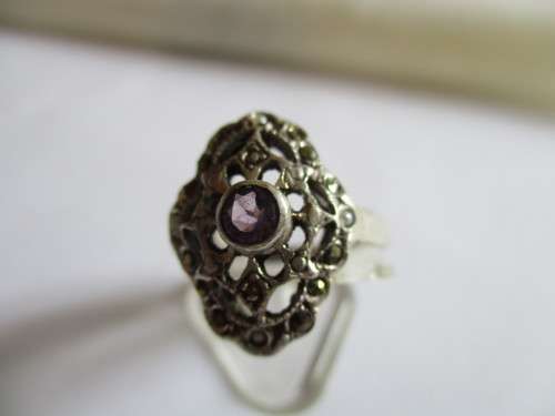 Sterling Silver Marcasite ,Seed Peals and  Amethyst  Ring