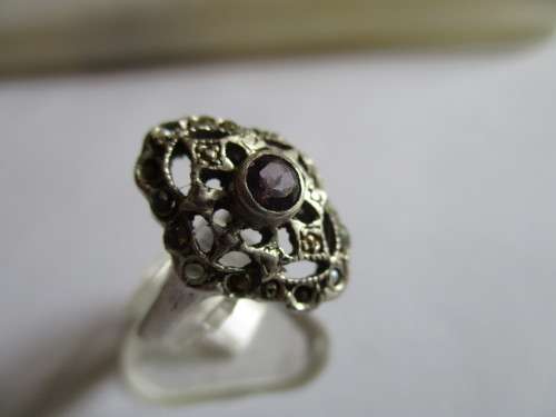 Sterling Silver Marcasite ,Seed Peals and  Amethyst  Ring