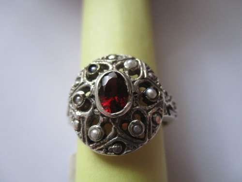 925 -Sterling Silver Seed Pearls  and Genuine Garnet Ring