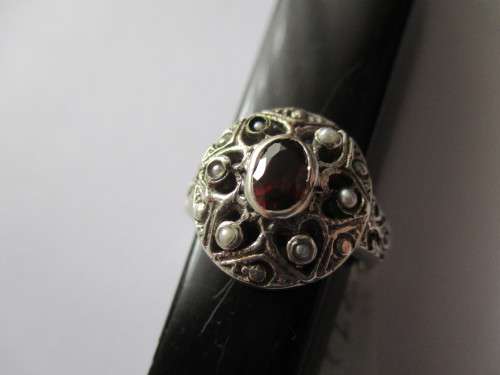 925 -Sterling Silver Seed Pearls  and Genuine Garnet Ring