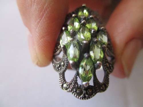 925  Sterling Silver , Marcasite and Peridot  Ring