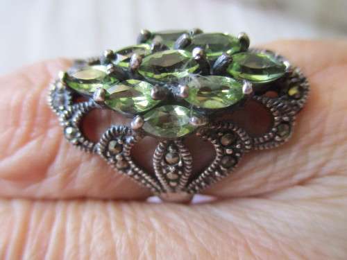 925  Sterling Silver , Marcasite and Peridot  Ring