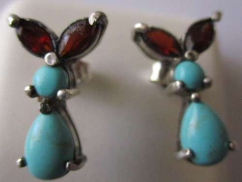 925 Sterling Silver, Garnets & Turquoise Earrings