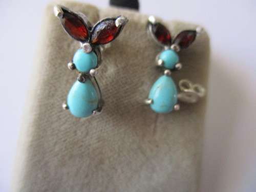 925 Sterling Silver, Garnets & Turquoise Earrings