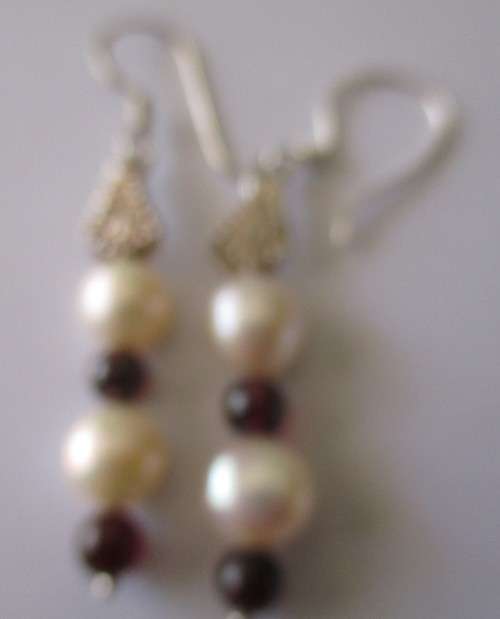 925 Sterling Silver  Fresh Water Pearls and Genuine Garnets Earrings
