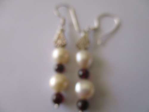 925 Sterling Silver  Fresh Water Pearls and Genuine Garnets Earrings