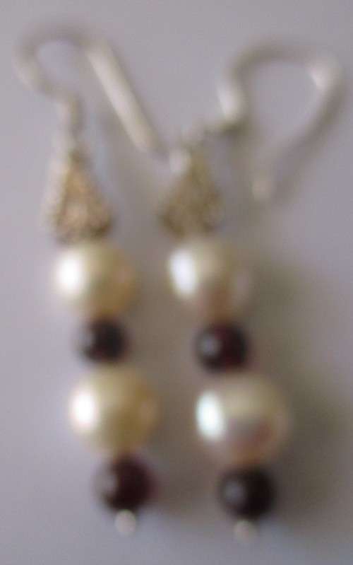 925 Sterling Silver  Fresh Water Pearls and Genuine Garnets Earrings