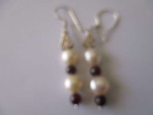 925 Sterling Silver  Fresh Water Pearls and Genuine Garnets Earrings