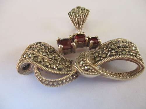 925 Sterling Silver Genuine Garnets  & Marcasite  Pendant