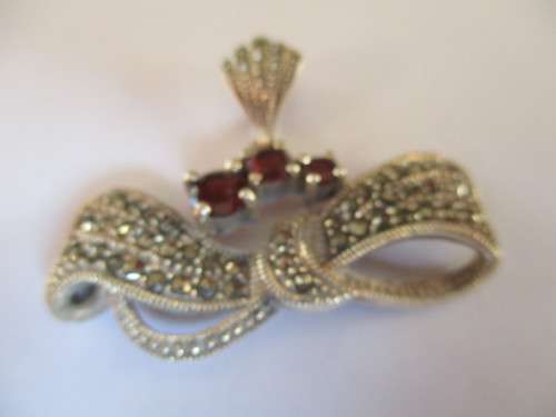 925 Sterling Silver Genuine Garnets  & Marcasite  Pendant