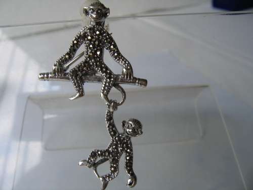 925 Sterling Silver and Marcasite `` Monchey x 2  `` Brooch''