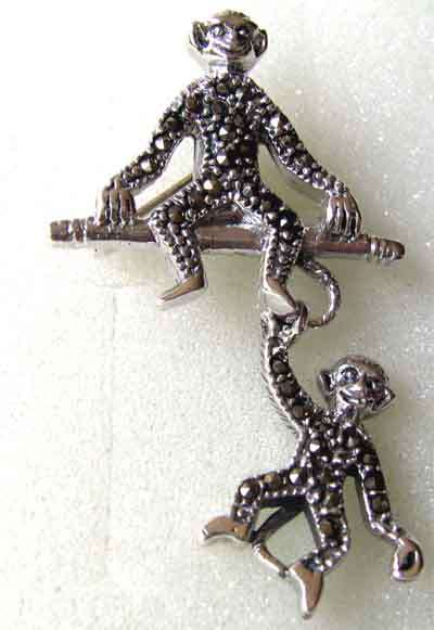 925 Sterling Silver and Marcasite `` Monchey x 2  `` Brooch''