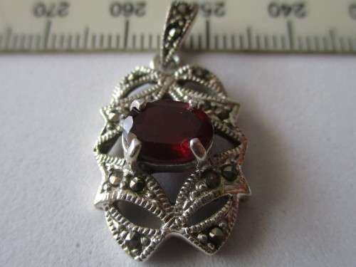 925 Sterling Silver Marcasite and Genuine Garnet Pendant