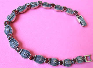 925 Sterling Silver Marcasite & Genuine  Garnets Bracelet