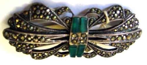 Sterling Silver Marcasite and Geen Agate Brooch