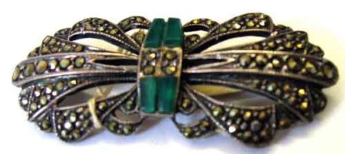 Sterling Silver Marcasite and Geen Agate Brooch