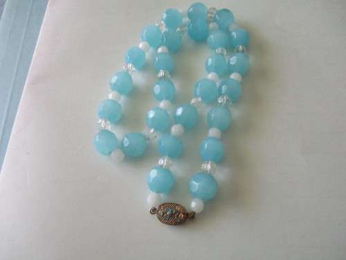 Blue Lace Agate ,White Jade and Crystal Necklace with Silver Clasp