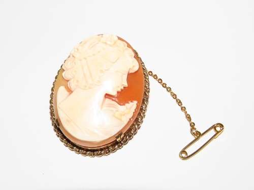 Incredible Cameo Brooch with Safety Chain in 9ct Yellow Gold