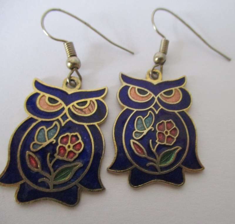 Cloisonne earrings blue enamel owls for pierced ears