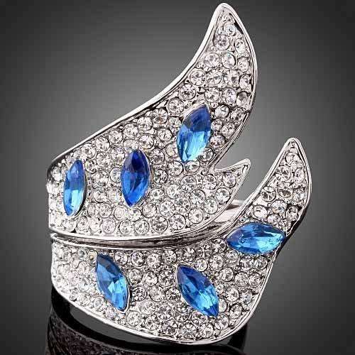Sweeping Crusted 18K White Gold Clad Ring with Blue Crystals *International Postage*