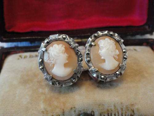 SILVER & MARCASITE SHELL CAMEO EARINGS