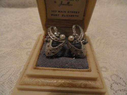ART DECO SILVER & MARCASITE PEARL EARINGS