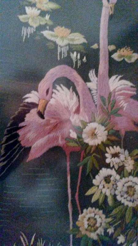 huge vintage needlepoint large flamingo extremley well done - merle metcalfe 1968