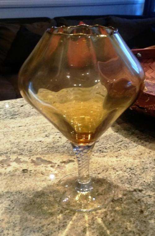 stunning vintage amber glass ruffled edges twisted stem vase?