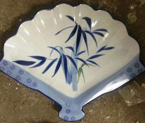 large porcelain vintage japanese fan shaped plate - bamboo design